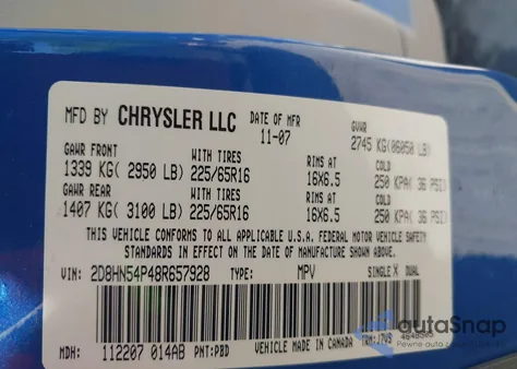 2008 Dodge Grand Caravan Sxt из США, поврежденный, VIN 2D8HN54P48R657928